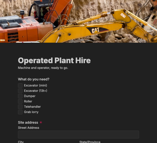 Plant Hire With Operator Inquiry Form