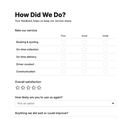 Haulage Customer Feedback Form