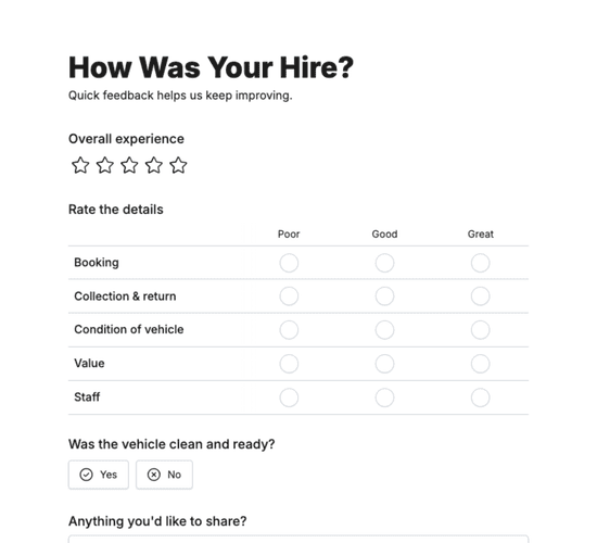 Vehicle Hire Feedback Form