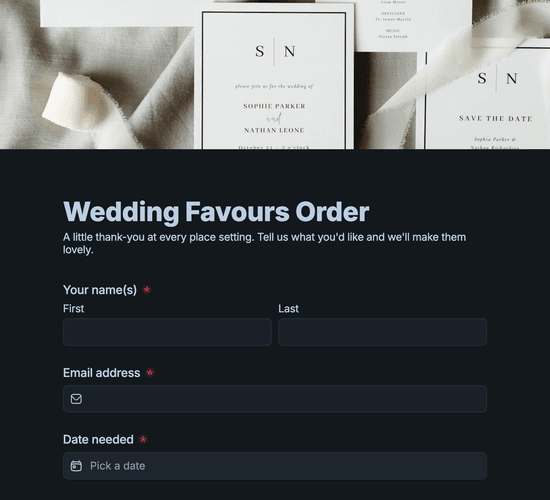Wedding Favours Order Form