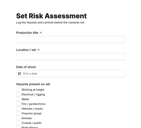 Set Health & Safety Risk Assessment Form