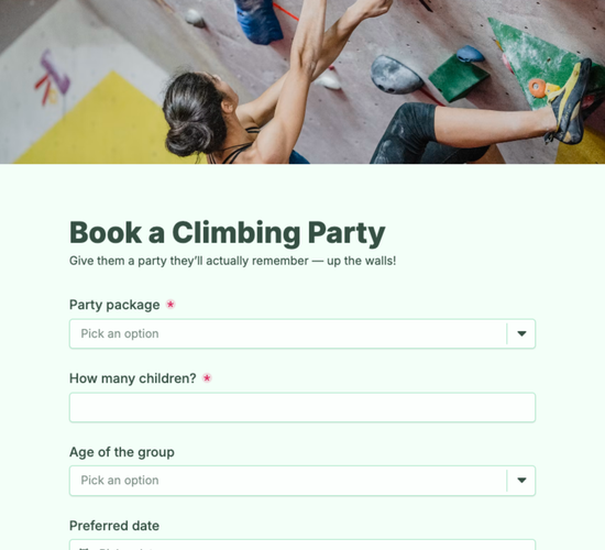 Climbing Birthday Party Booking Form