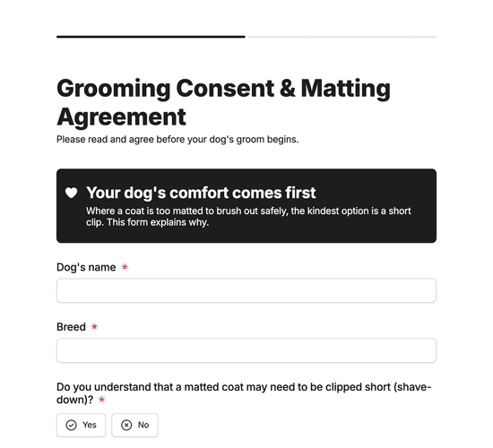 Dog Grooming Consent & Matting / Shave-Down Agreement Form