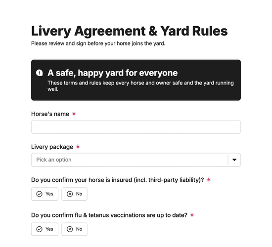 Livery Agreement & Yard Rules Consent Form