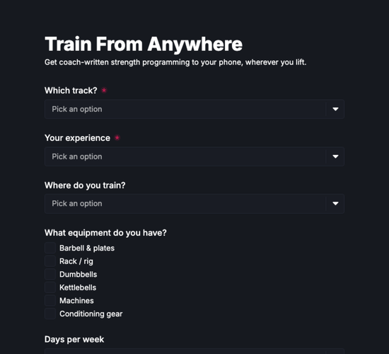 Remote & Online Strength Programming Signup Form