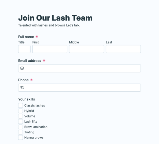 Lash Technician Job Application Form