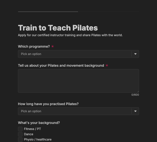 Pilates Instructor Training Application Form