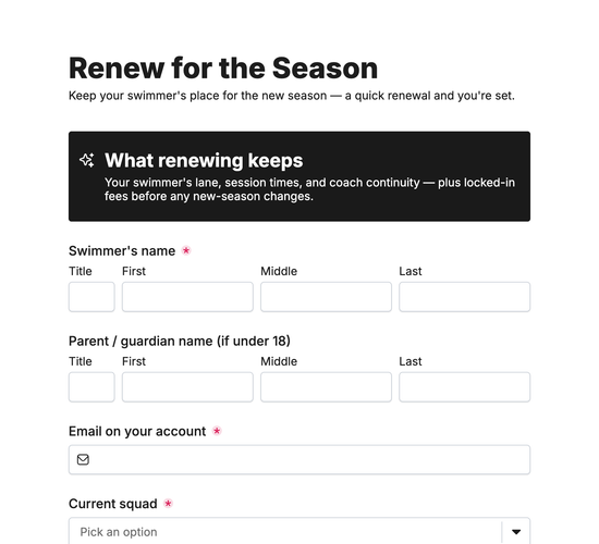 Swim Squad Season Renewal Form