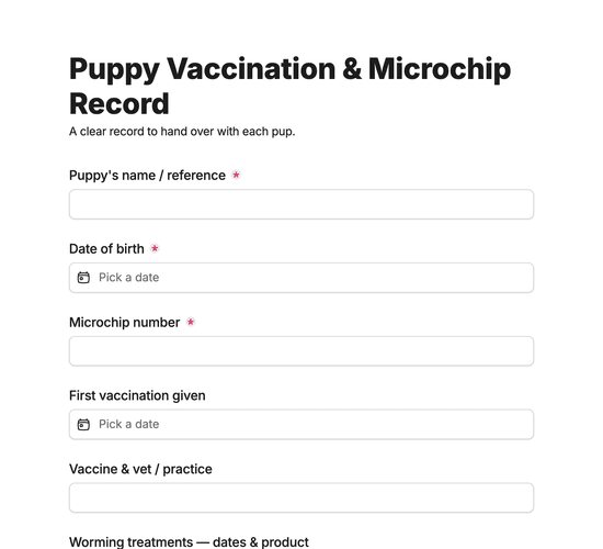 Puppy Vaccination & Microchip Record Form