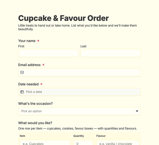 Cupcake & Favour Order Form