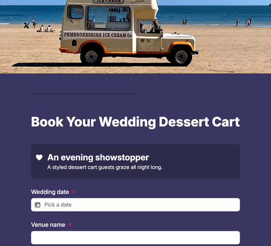 Wedding Dessert Cart Package Booking Form