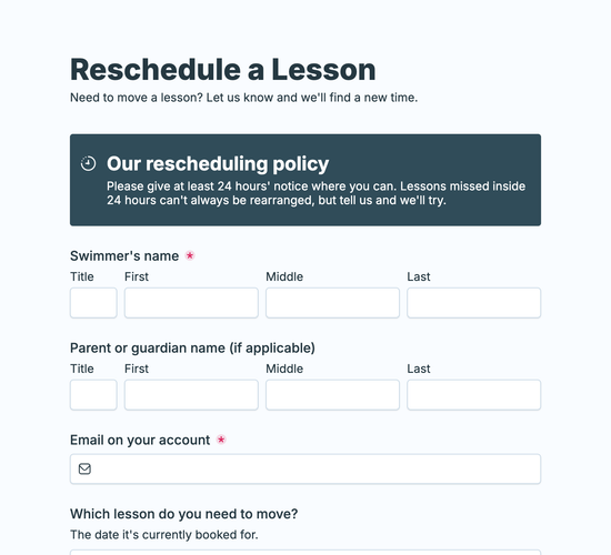 Swim Lesson Reschedule Request Form
