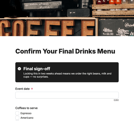 Drinks Menu & Milk Alternatives Confirmation Form