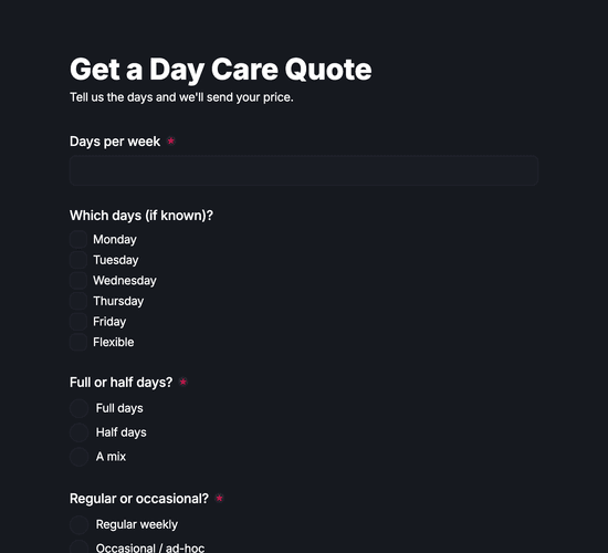Day Care Rates & Quote Request Form
