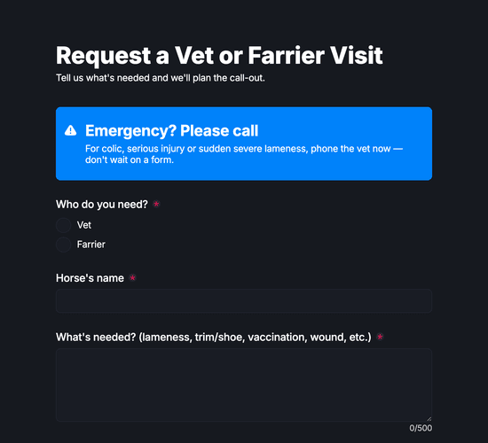 Equine Vet / Farrier Call-Out Request Form