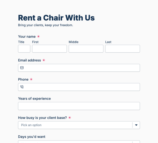 Barber Chair Rental Inquiry Form