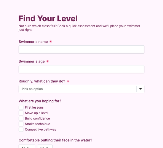 Learn-to-Swim Level Check Booking Form