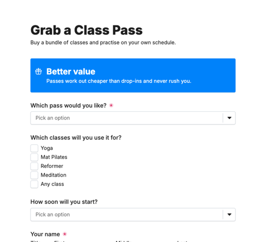 Class Pass & Package Sign-Up Form