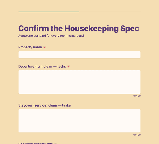 Room Turnaround & Housekeeping Spec Form