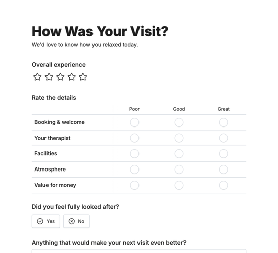 Spa Feedback Form