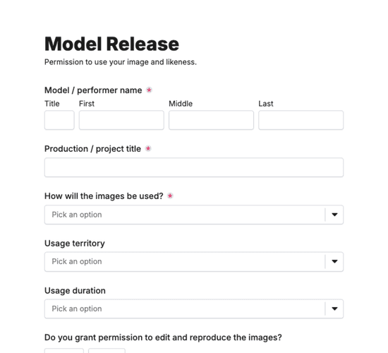 Model Release Agreement Form