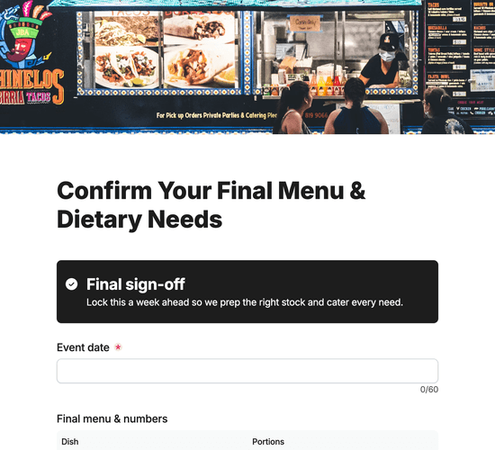 Food Truck Menu & Dietary Confirmation Form