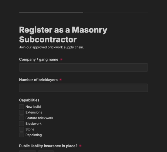 Masonry Subcontractor Registration Form