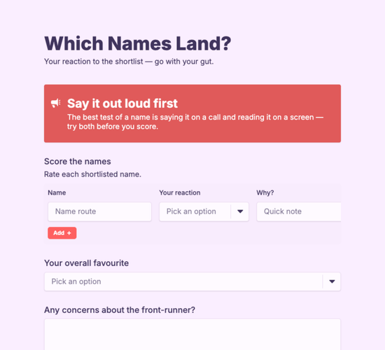 Naming Shortlist Feedback Form