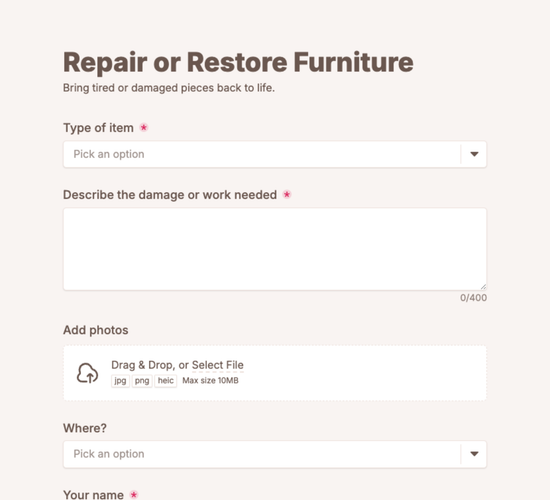 Furniture Repair Booking Form