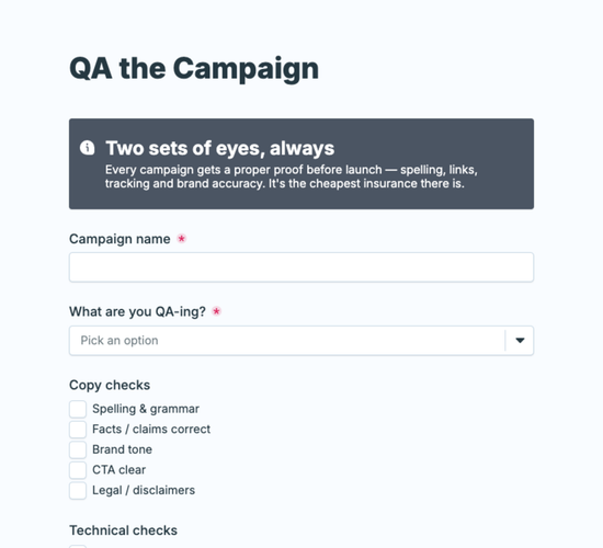 Campaign QA & Proofing Form