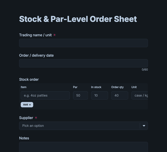 Stock & Par-Level Order Sheet Form
