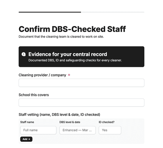 DBS-Checked Cleaning Staff Confirmation Form