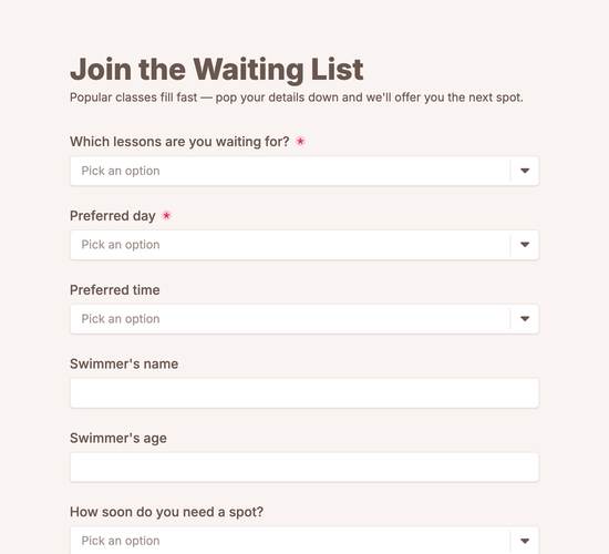 Learn-to-Swim Waiting List Form