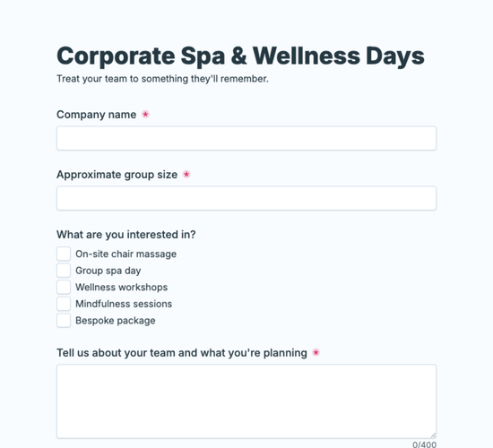 Corporate Spa Day Inquiry Form