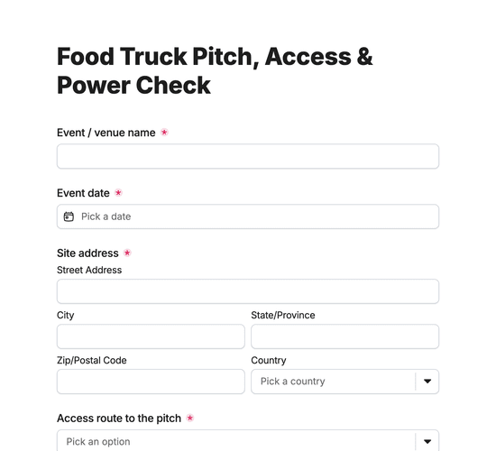 Food Truck Pitch, Access & Power Requirements Check Form