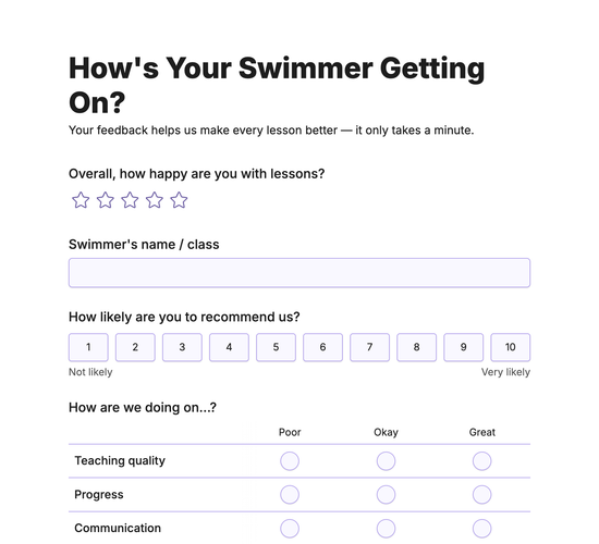 Swim School Parent Feedback Form