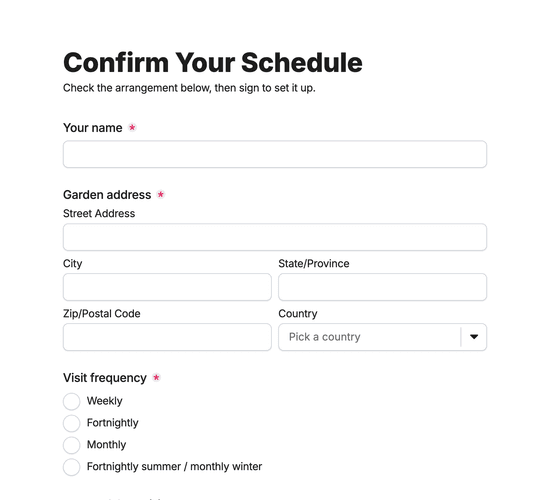 Garden Maintenance Schedule Confirmation Form