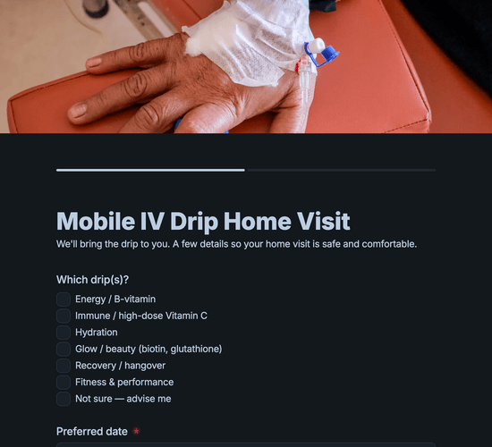 Mobile IV Drip Home Visit Booking Form