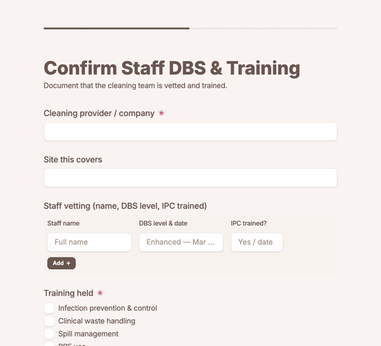 Clinical Cleaning Staff DBS & Training Confirmation Form