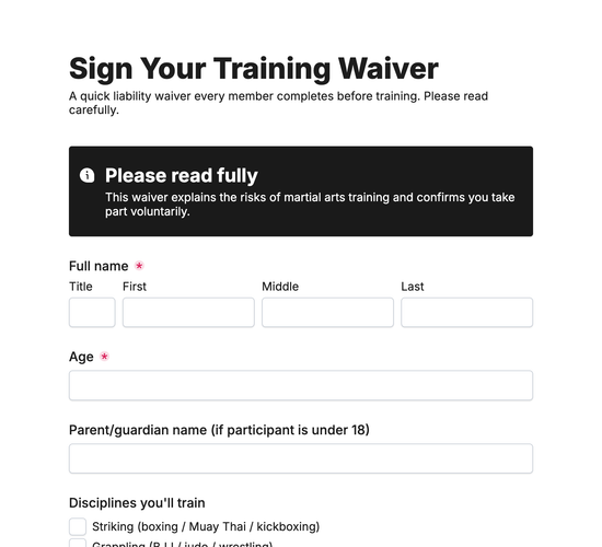 Martial Arts Liability Waiver & Release Form