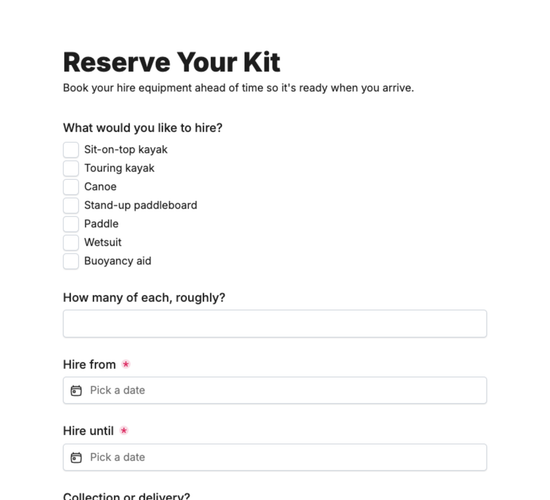 Paddlesport Equipment Hire Reservation Form