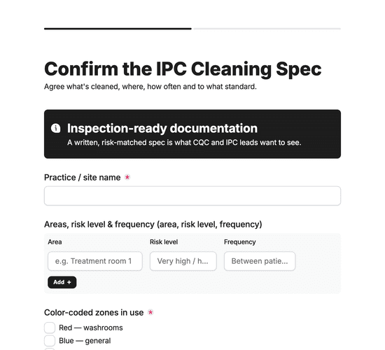Infection Control Cleaning Specification Form