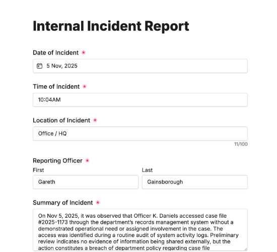 Internal Incident Report Form