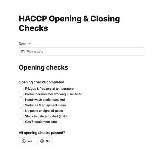 HACCP Opening & Closing Checks Form