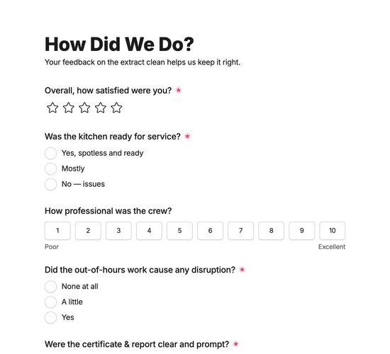 Kitchen Extract Cleaning Feedback Form