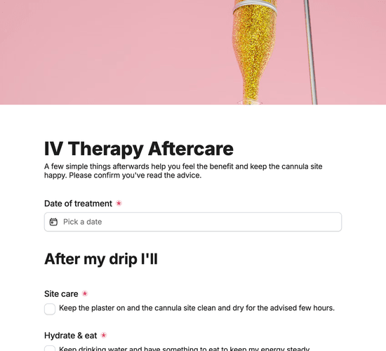 IV Therapy Aftercare & Hydration Advice Form
