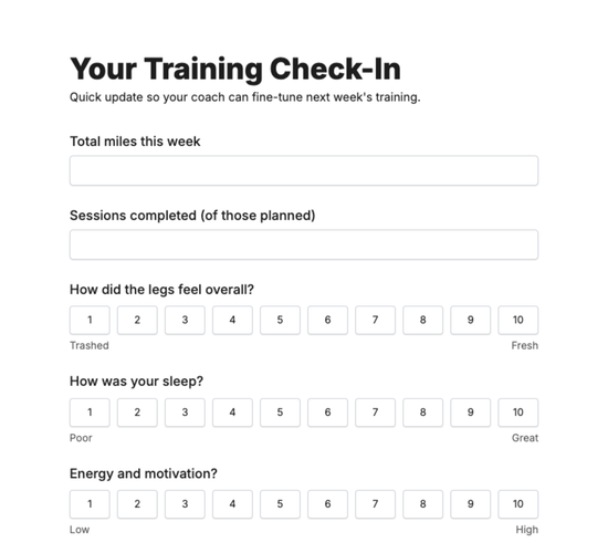 Online Running Coaching Weekly Check-In Form
