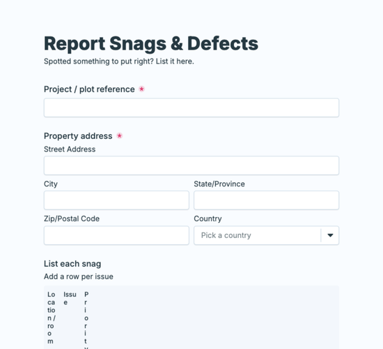Building Snagging & Defects Report Form