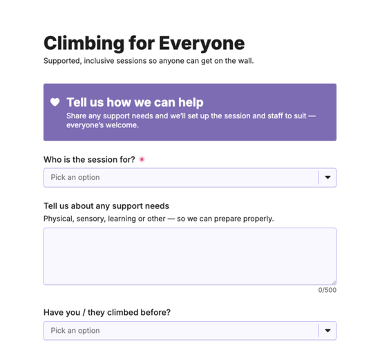 Adaptive Climbing Session Booking Form