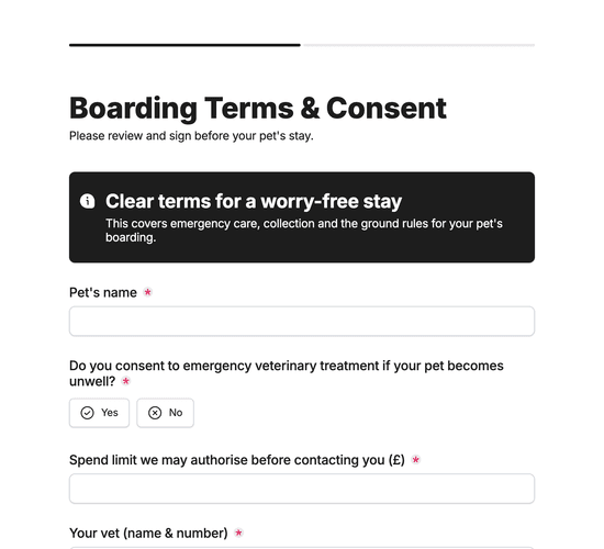 Boarding Terms & Vet Treatment Consent Agreement Form